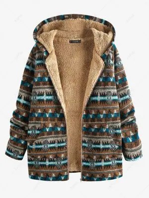 ZAFUL Ethnic Print Faux Fur Lined Hooded Zip Coat from zaful zaful ZAFUL Ethnic Print Faux Fur Lined Hooded Zip Coat